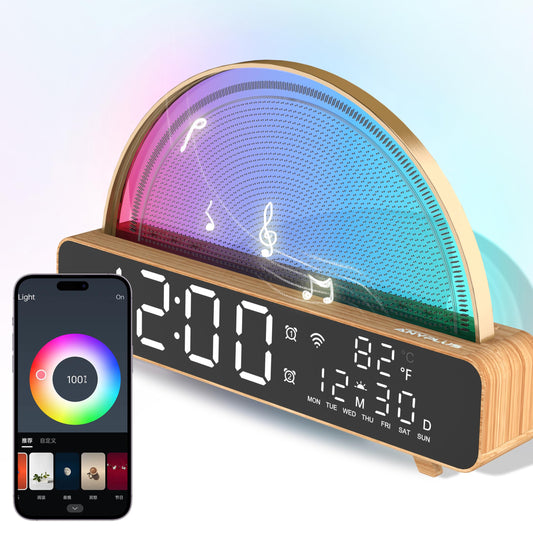 ANYPLUS Sunrise Alarm Clocks White Noise Sound Machine for Bedrooms, Wood Grain Base Wake Up Light Alarm Clock with 13 Soothing Sounds & 8 Color Night Lights for Baby/Adults/Kids（with APP