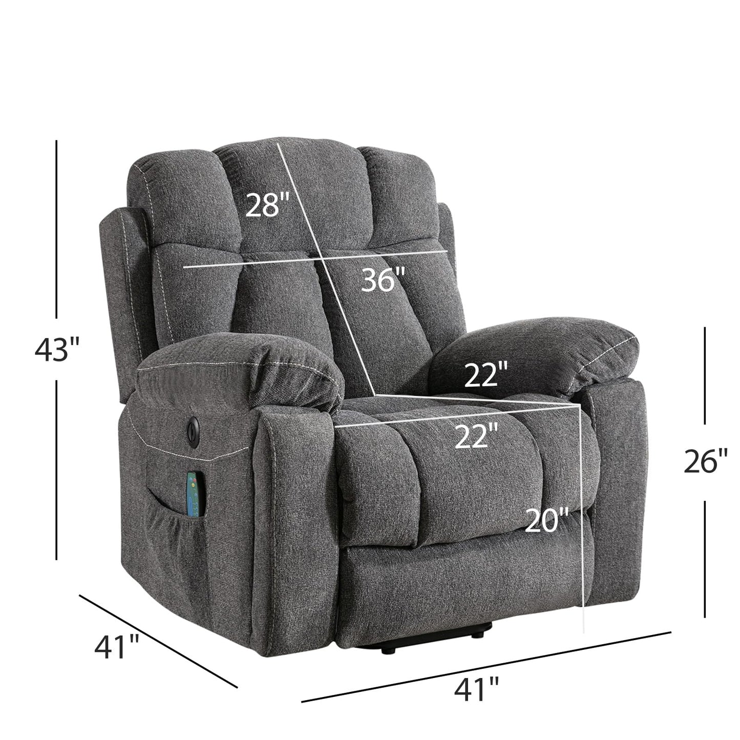 Phoenix Home Large Power Lift Recliner Chair with Massage and Heat for Elderly, Overstuffed Wide Recliners with 2 Cup Holders, Side Pocket and USB Port, Dark Gray