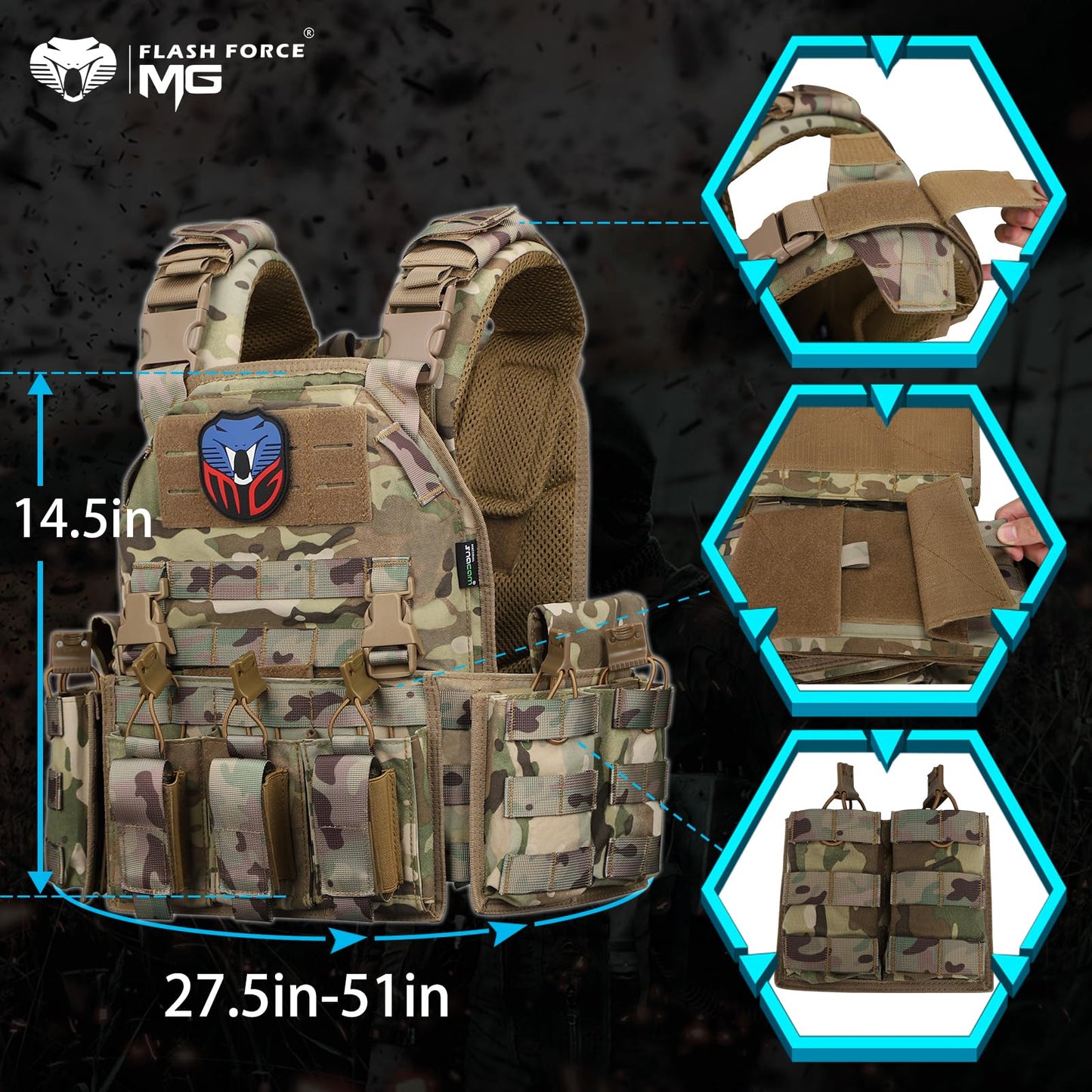 MGFLASHFORCE Tactical Vest Molle Airsoft Vest for Men (CP)