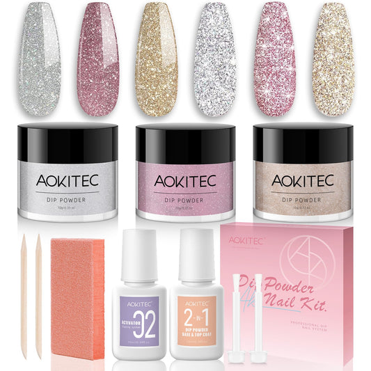 Aokitec Sparkling Series Dip Powder Nail Kit - Glitter Pink Silver Gold Dip Powder Set with 2-in-1 Dip Base & Top Coat Activator Dip Liquid Set for Nail Art Starter DIY Dip Nail French Manicure