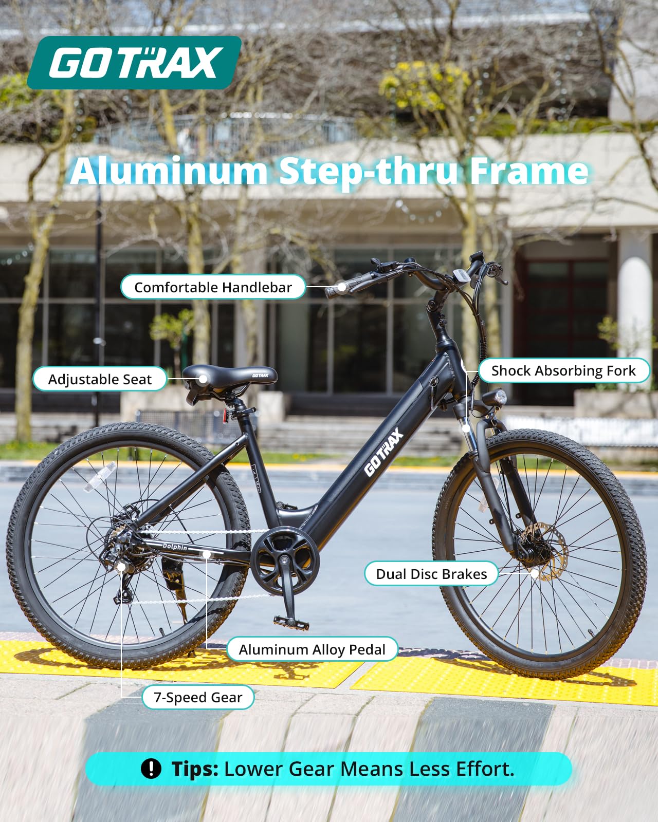 Gotrax Dolphin 26" Electric Bike, Max Range 30Miles(Pedal-assist1) & 20Mph Power by Peak 500W, 5 Pedal-Assist Levels & Front Suspension, 7-Speed&Boost Mode, City E-Bike for Adult White