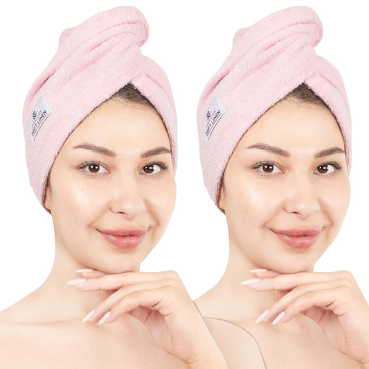 American Soft Linen 100% Cotton Hair Towels for Women, Head Towel Cap, Cotton Hair Turban Towel Wrap for Long Curly Anti Frizz Hair, Soft and Absorbent Cotton Hair Towels 2 Pack, Pink