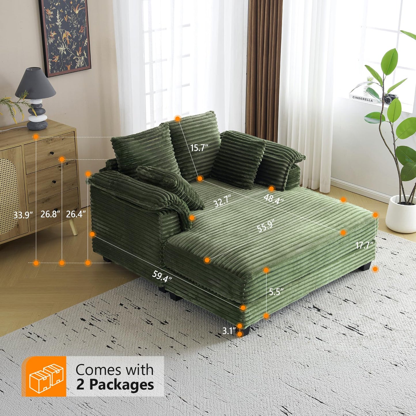 VINGLI Lounge Chair, 56" Oversized Reading Chair Corduroy Chaise Sofa Recliner Bed Upholstered Comfy Sleeper Couch with Throw Pillows and Armrests for Living Room, Movie Room, Bedroom