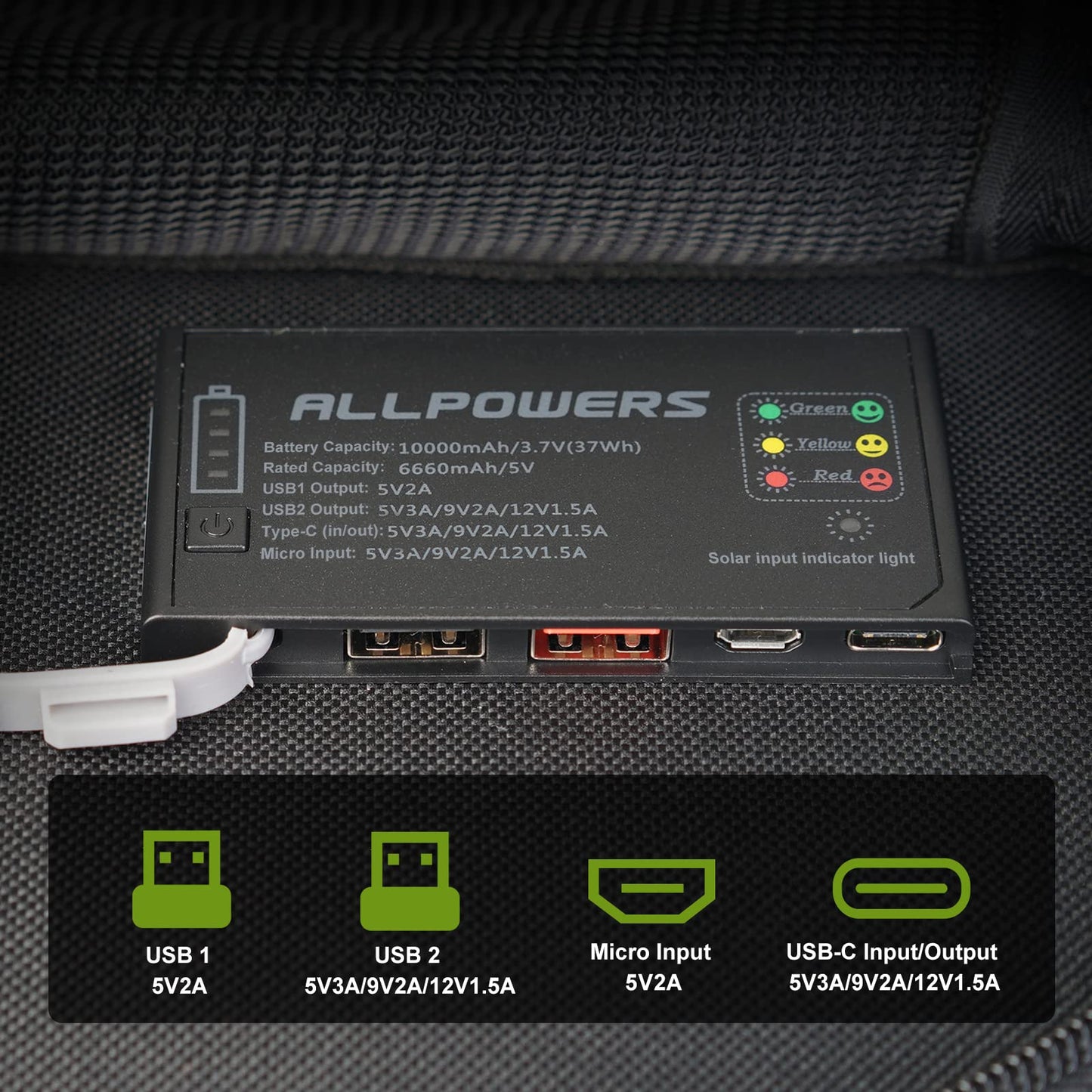 ALLPOWERS SP002 21W Solar Charger with 10000mAh Power Bank and 3 Fast Charging USB-A/USB-C Ports, IP66 Waterproof Portable Solar Panel for Camping Hiking Compatible with iPhone iPad Samsung Earbuds
