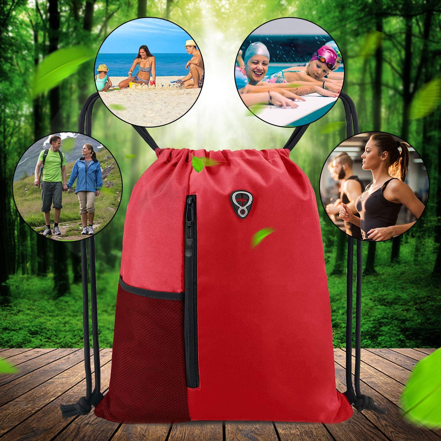 BeeGreen Red Lightweight Drawstring Backpack For Women W Water Bottle Pocket &Front Zippered Pocket Large Sports String Sackpack For Traveling Yoga Beach Outdoor Gym