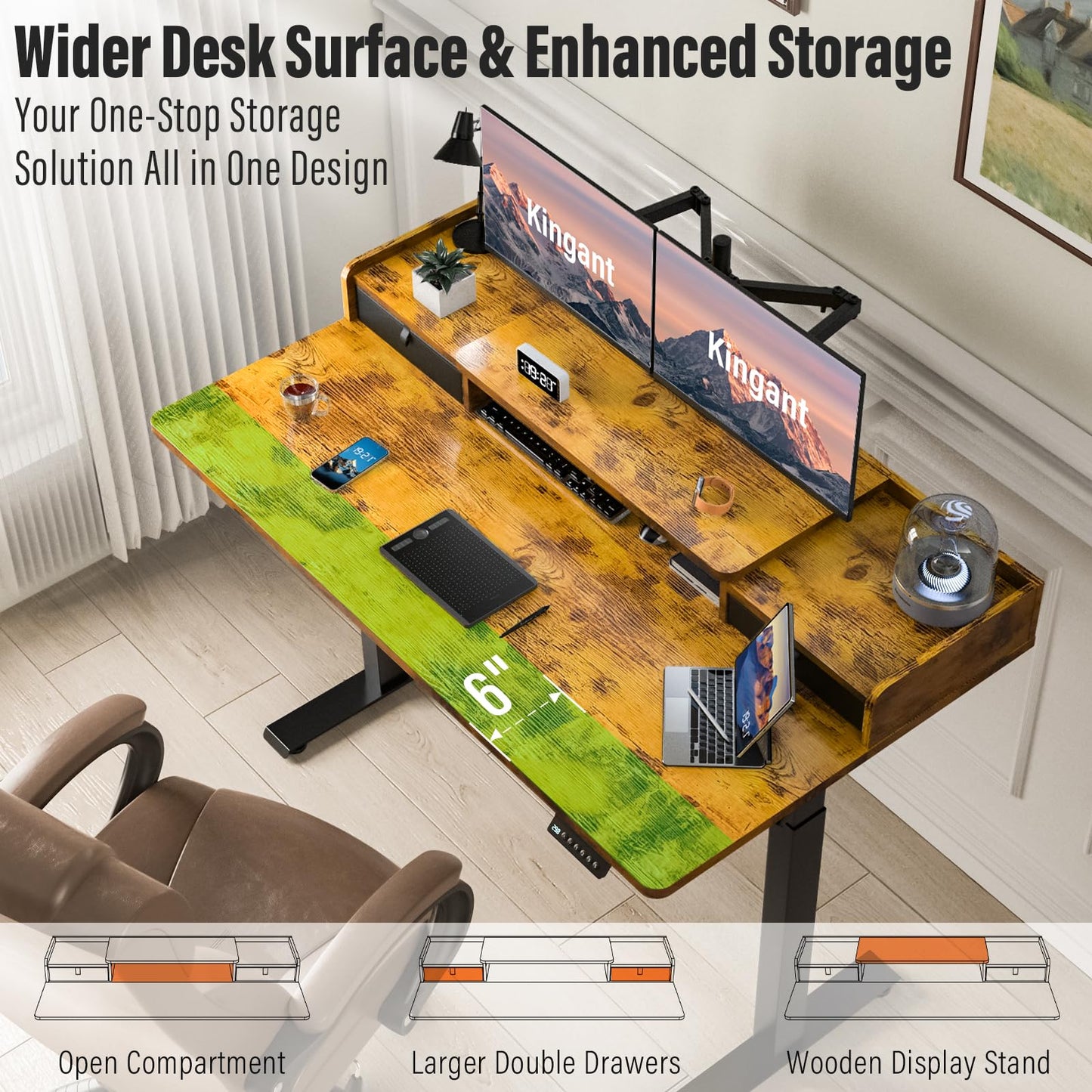 Standing Desk with Drawers and Wheels,Thickened Table Legs Sit Stand Desk Electric for Home Office & Gaming,Ergonomic Stand Up Desk (Rustic Brown, 55x30 in)
