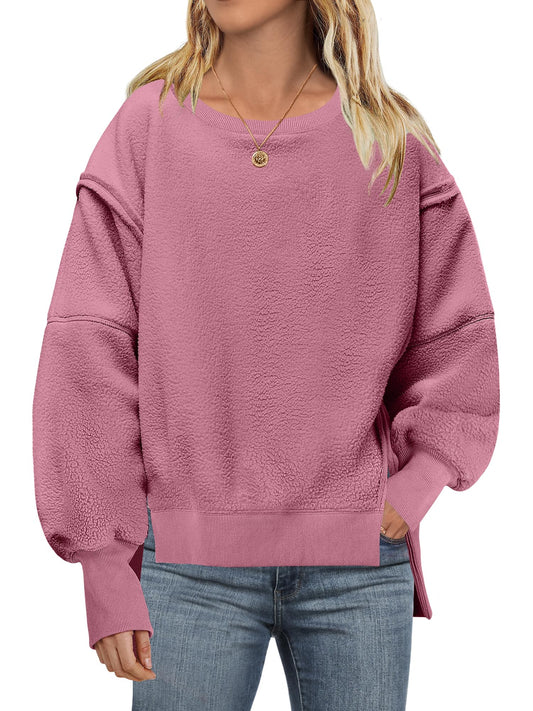 ANRABESS Womens Oversized Sherpa Sweaters Pullover Fuzzy Fleece Sweatshirts Crewneck 2024 Winter Long Sleeve Warm Outfits Pink Small