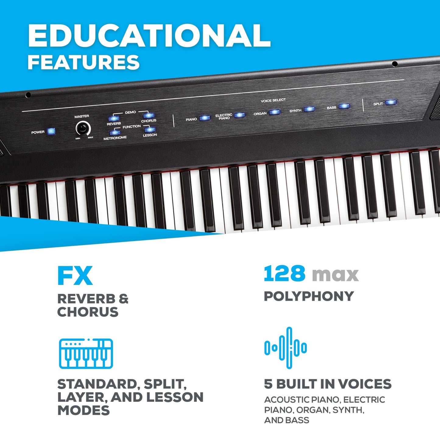 Alesis Recital – 88 Key Digital Piano Keyboard with Semi Weighted Keys, 2x20W Speakers, 5 Voices, Split, Layer and Lesson Mode, FX and Piano Lessons