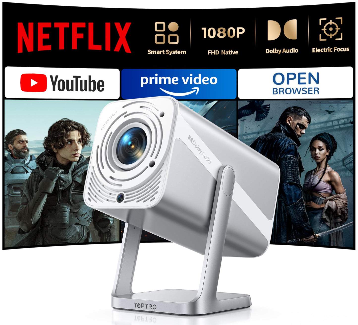 [Netflix-Licensed/Auto Focus/360°Adjustable Stand]Smart-Projector-4K with WiFi 6 and Bluetooth5.2, Native 1080P Mini Portable Projector, Dolby Audio/Auto Keystone/Zoom, TOPTRO Outdoor Movie Proyector