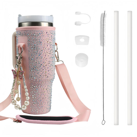 Water Bottle Carrier Bag for 40oz Tumbler - Cup Belt Bag with Adjustable Strap, Straw Cover & Pearl Bracelet - Cup Accessories(Pink Diamond Pro)