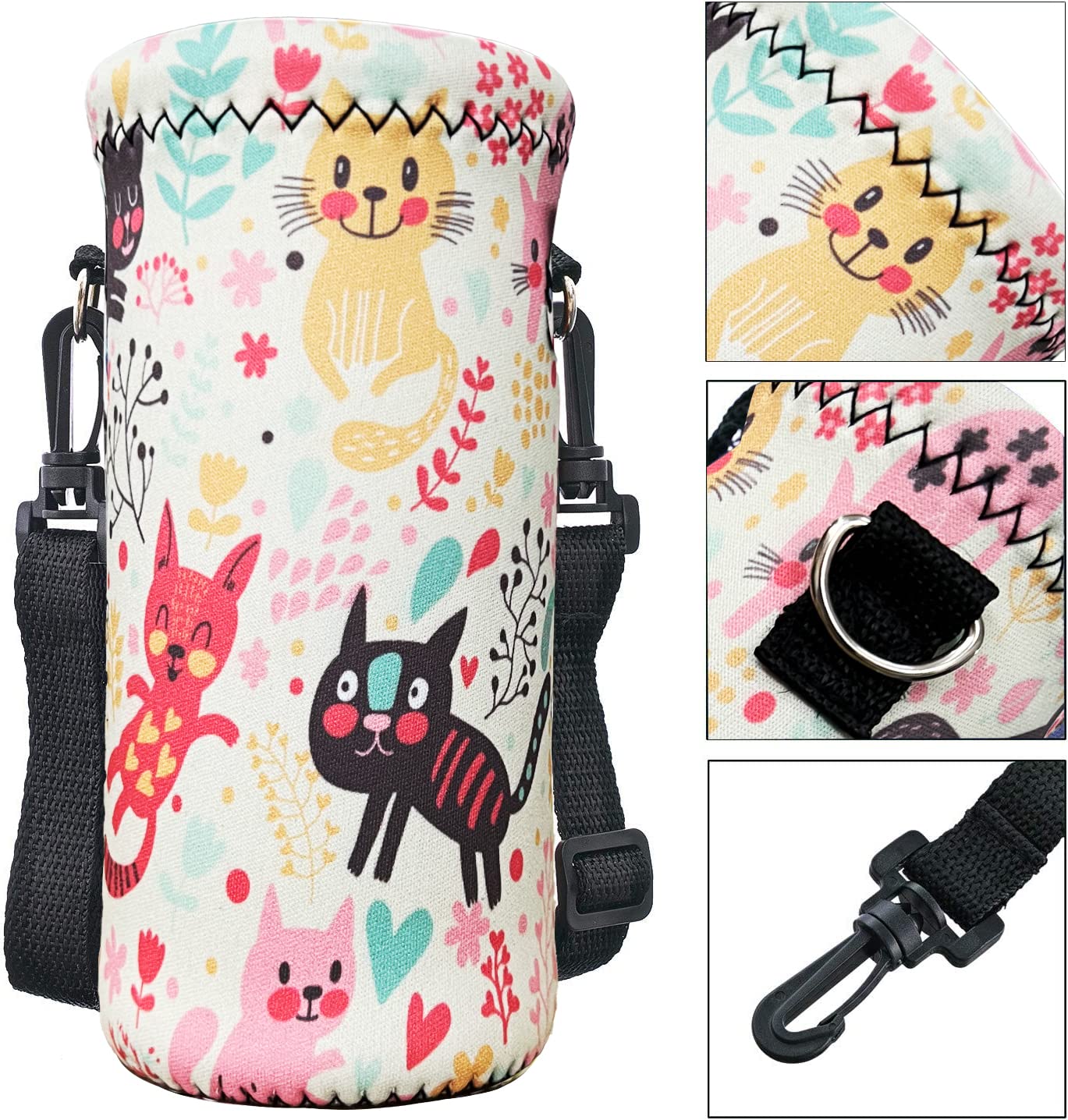 RICHEN Neoprene Water Bottle Carrier Bag with Adjustable Shoulder Strap,Insulated Water Bottle Cover for 500ml/16oz Stainless Steel/Glass/Plastic Bottles (Colorful Kittens,500ML)