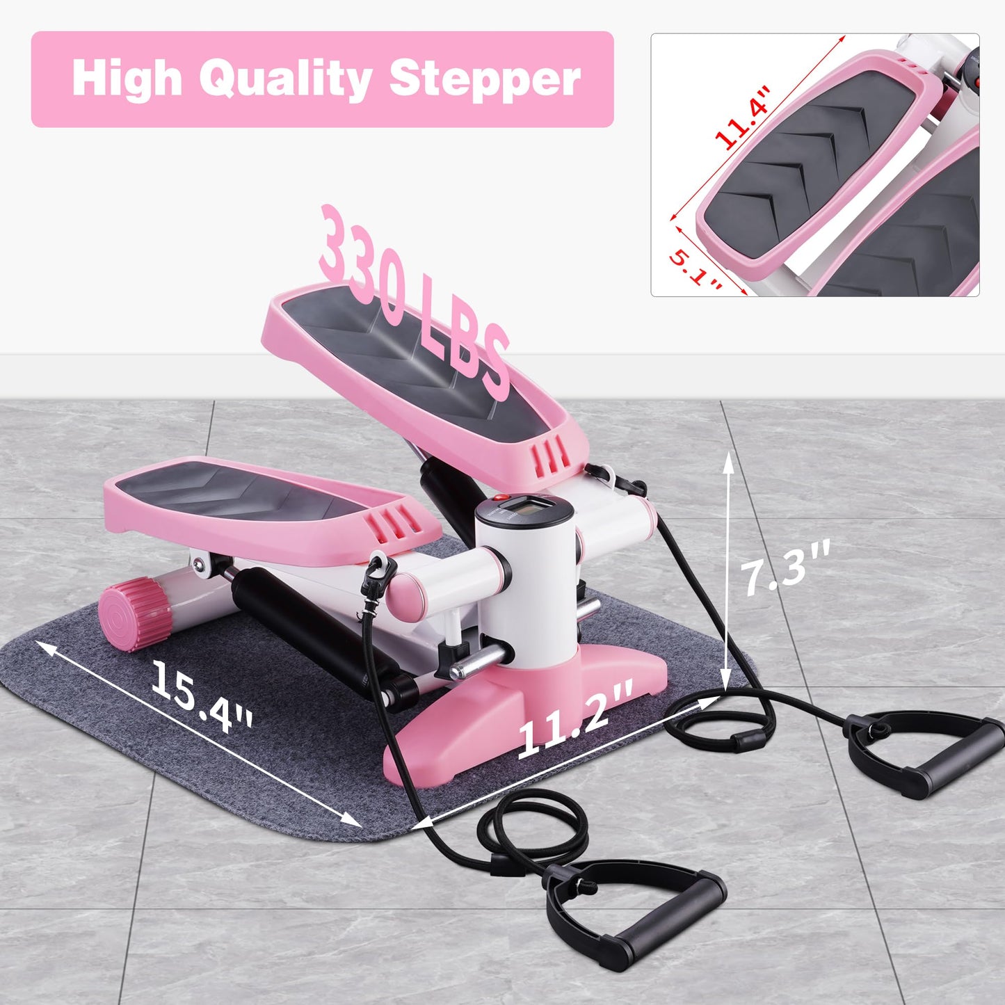 ZENOVA Steppers for Exercise at Home Portable Mini Stepper Stair Stepper with Resistance Band and Mat Fitness Stepper for Full Body Cardio Exercise 330lbs Weight Capacity Pink