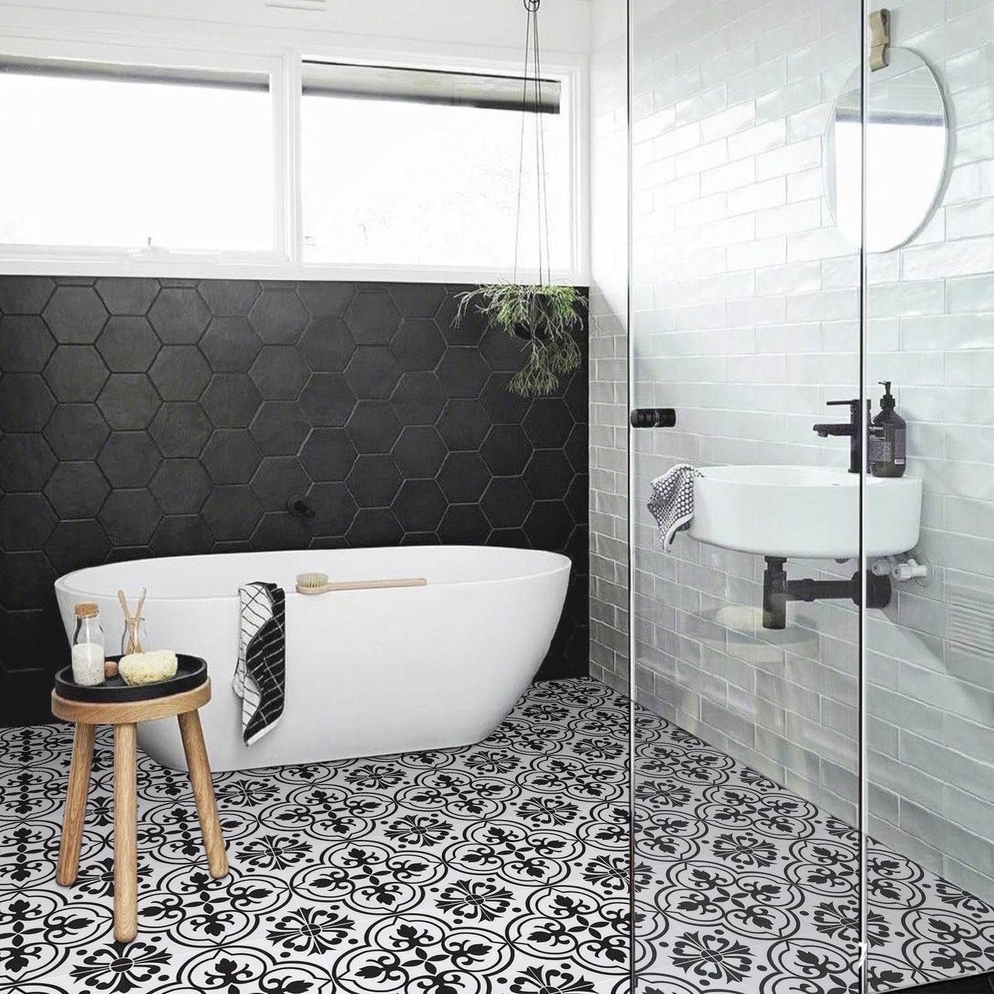 Alow Peel and Stick Floor Tile Waterproof, 20PCS Black and White Flower Floor Tile Easy to Paste, Vinyl Flooring for Bedroom, Living Room Kitchen and More（11.8Inx11.8In