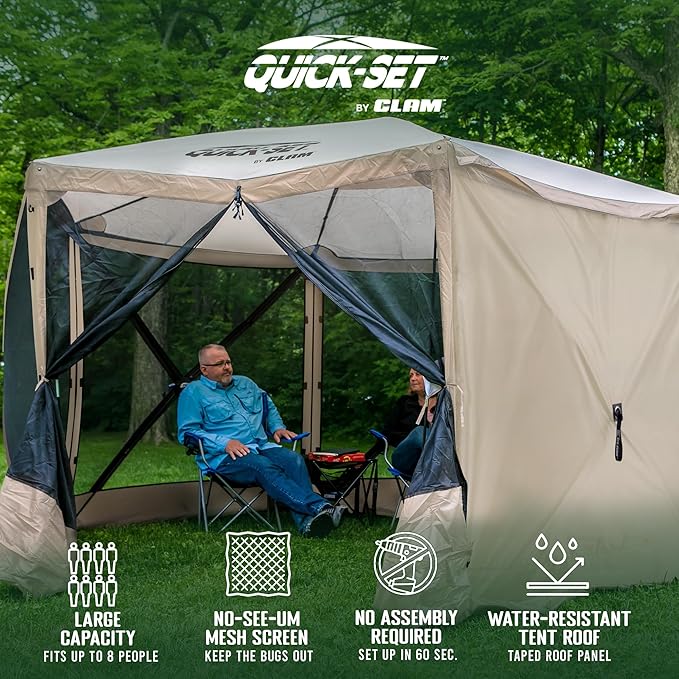 CLAM Quick-Set Escape 12 x 12 Foot Portable Pop Up Camping Outdoor Gazebo 6 Sided Canopy Shelter + 2 Pack of Wind and Sun Panels