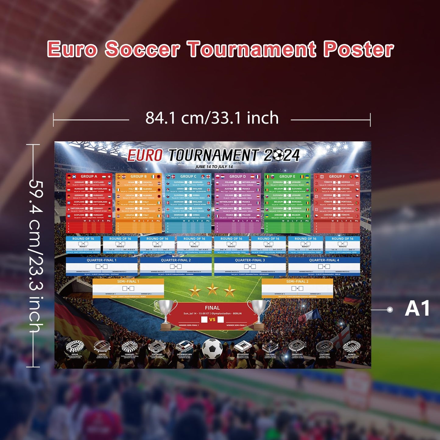 AhfuLife 2 Pcs Euro 2024 Wall Chart Poster Decorations - A1 Size Euro 2024 Soccer Match Schedule Poster with ET Time, European Germany 2024 Football Soccer for Bar Home Party Decor (23.3''×33.1'')