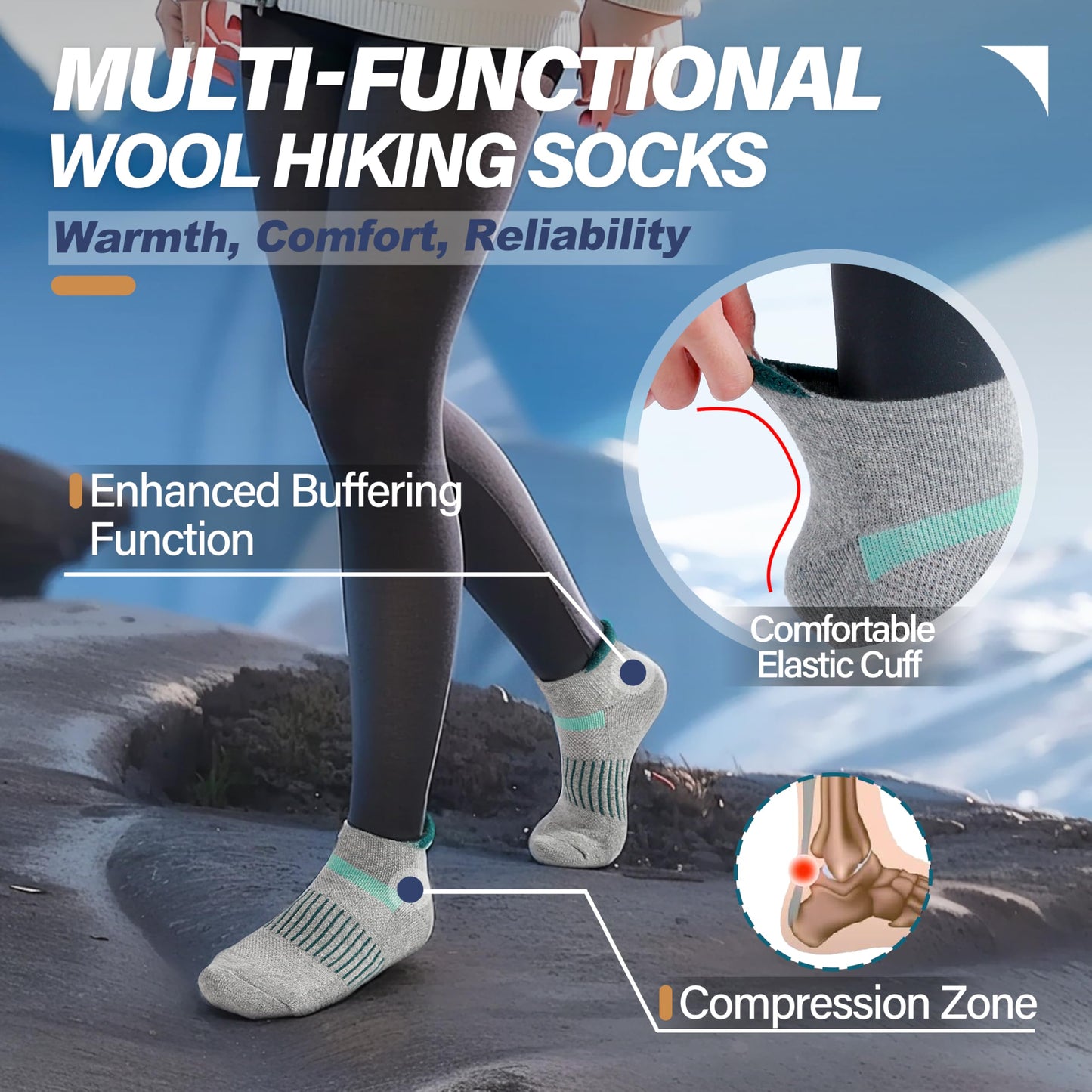 Anlisim Merino Wool Quarter Hiking Socks Compression Warm Thermal Winter Thick Cushion Running Moisture Wicking No Show Socks Gifts Stocking Stuffers for Women Men 6 Pairs(Assorted,L)