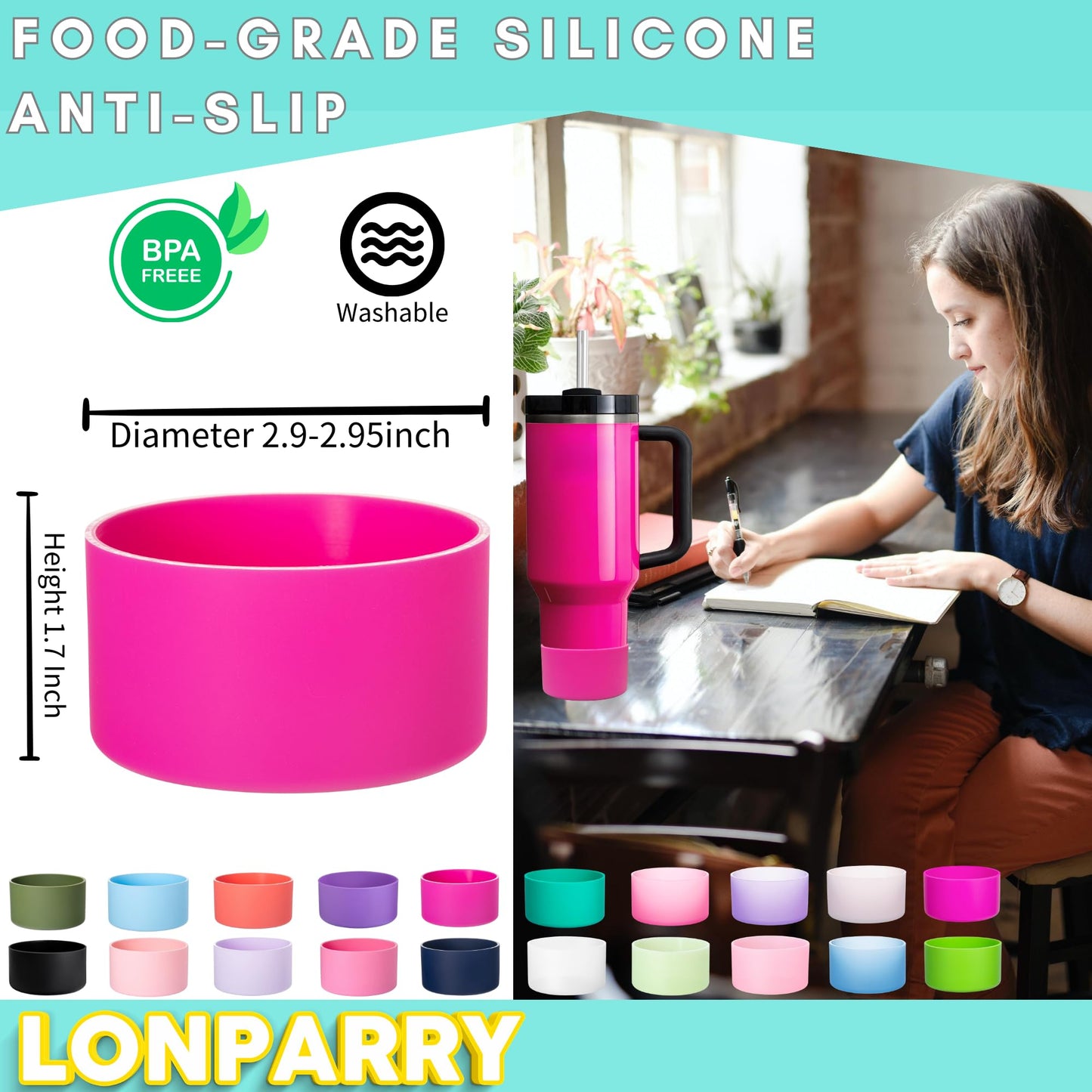 LONPARRY 4-Pack Silicone Boot for Stanley Cup Quencher IceFlow Rubber Bottom Sleeve Protector for Stanley Tumbler HydroFlask Car Travel Cup Bottle Bottom (Carnation+Pink+Coral Red+Peach)