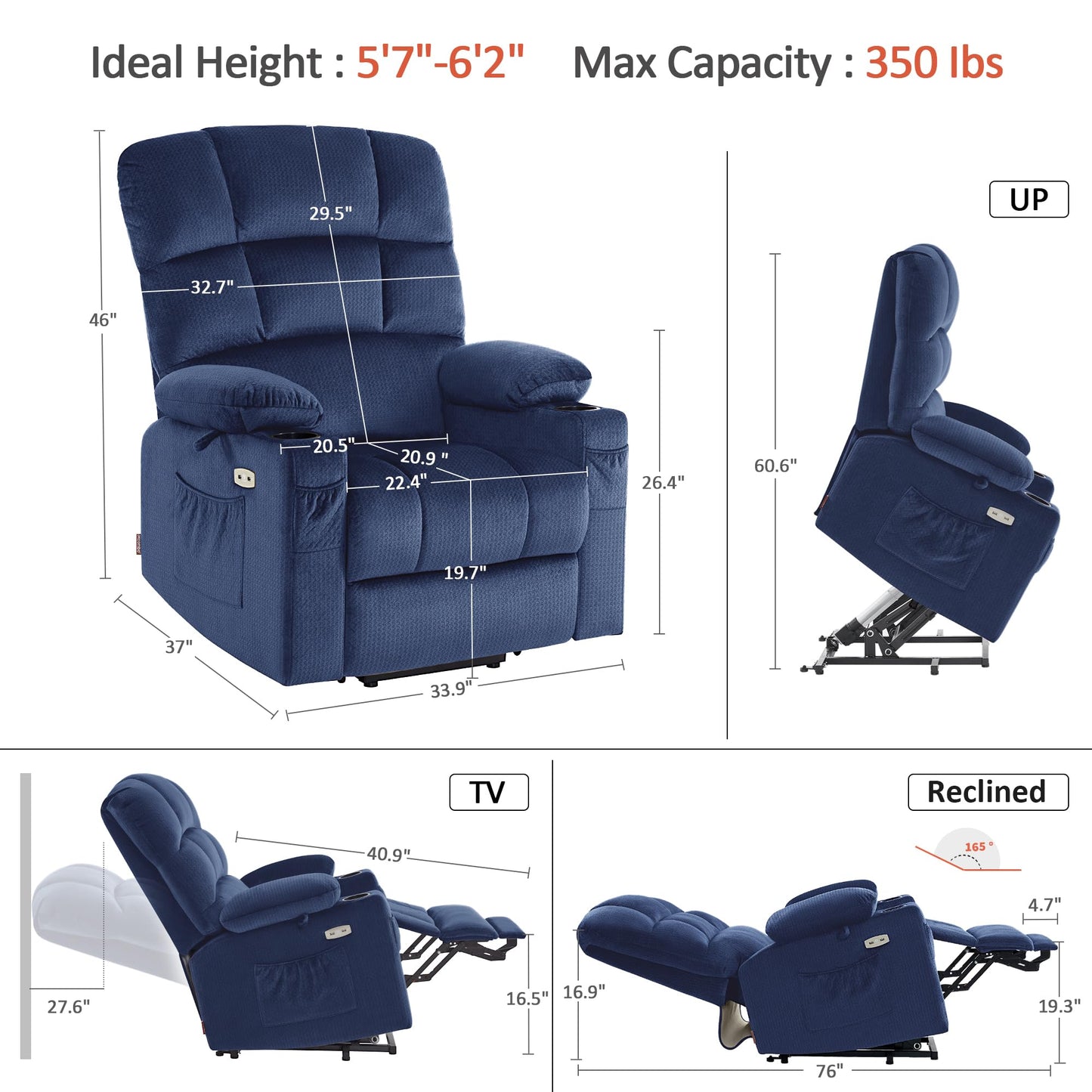 MCombo Large Dual Motor Power Lift Recliner Chair for Elderly, Massage and Heat, Lay Flat, Zero Gravity, Home Button, USB Port, Fabric 7680 (Large, Navy Blue)