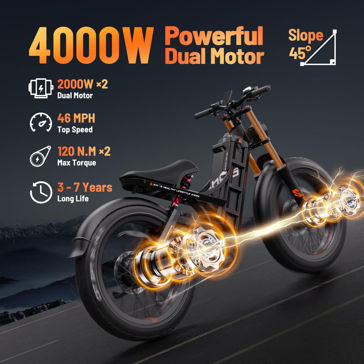 eAhora 2025 Romeo Pro 2 46Mph 4000W Dual Motor Electric Bike for Adults, 52V 70Ah 200+Miles Long Range Ebike, 26 * 4.0" Fat Tire Full Suspension Electric Mountain Bike Off-Road E-Bike UL2849 Black
