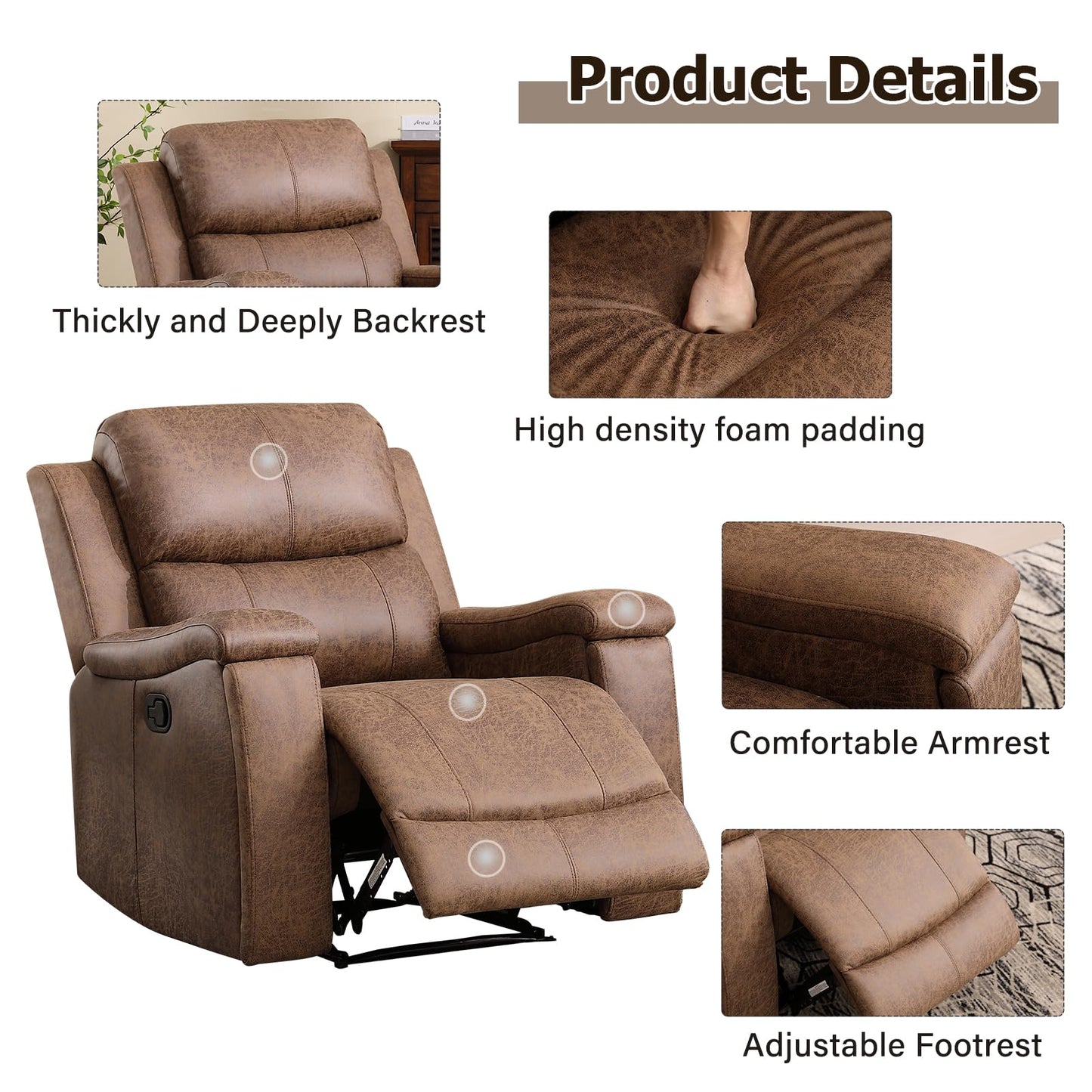 CANMOV Leather Recliner Chair, Classic and Traditional Manual Recliner Chair with Overstuffed Arms and Back, Manual Single Sofa with Concealed Cup Holders,Nut Brown