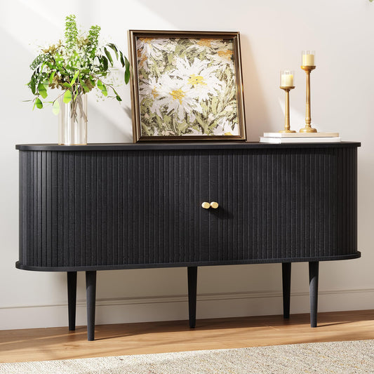 AMERLIFE 55" TV Stand with Solid Wood Legs, Mid Century Modern TV Console with Tambour Door for 80-inch TV, Dust-Proof Storage Cabinet for Living Room, Embossed Black
