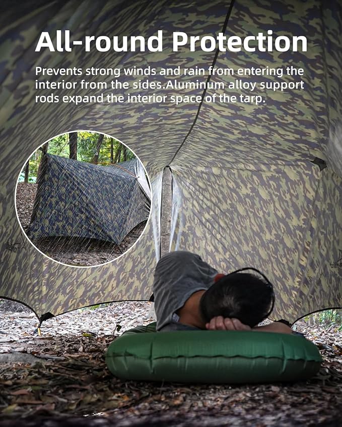 Camping Tent Tarp Waterproof, Ultralight Hammock Rain Fly, Portable Rain Tarp Canopy with Doors, Multifunctional Bushcraft Tarp for Outdoor Backpacking Hiking, UV Protection