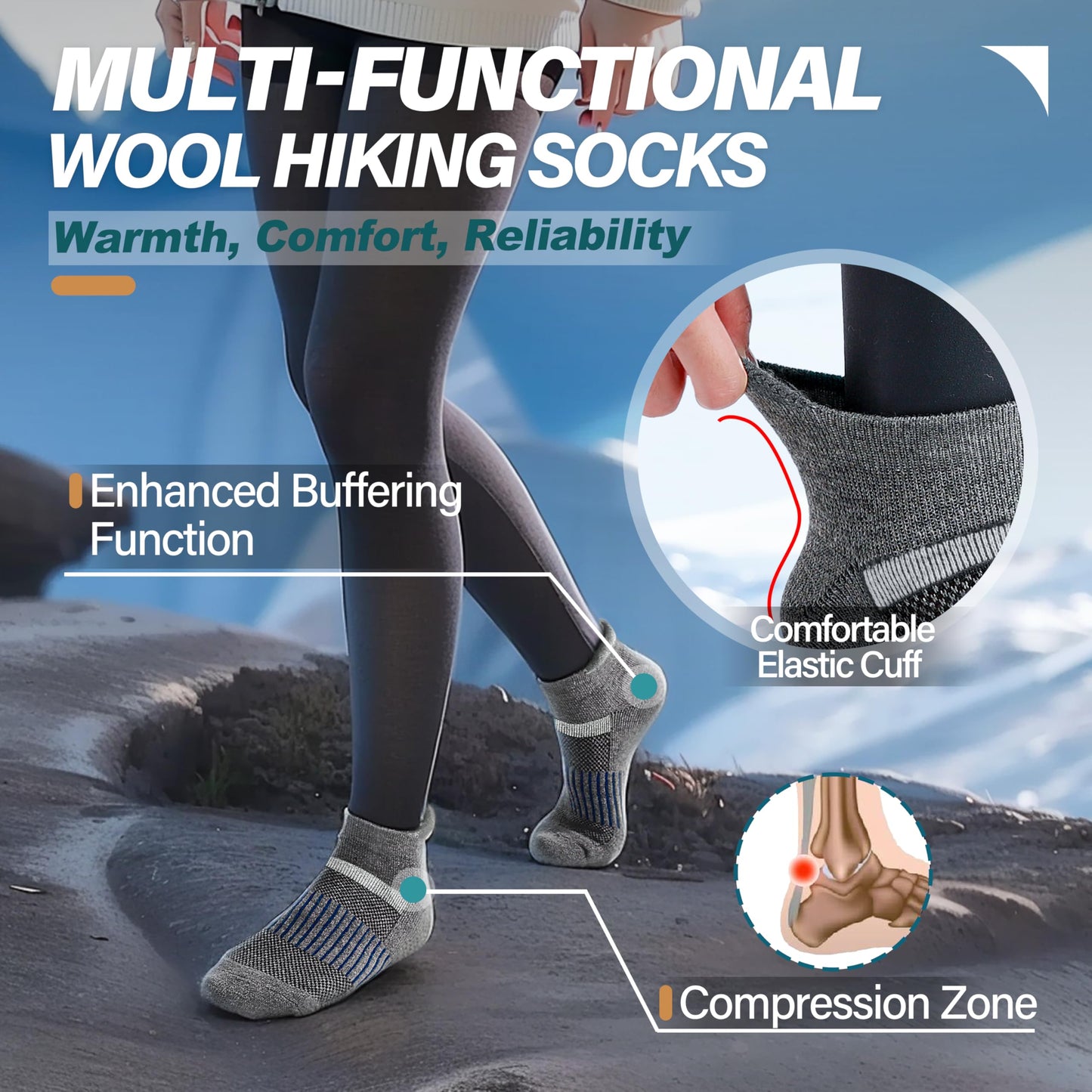 Anlisim Merino Wool Quarter Hiking Socks Compression Warm Thermal Winter Thick Cushion Running Moisture Wicking No Show Socks Gifts Stocking Stuffers for Women Men 6 Pairs(Grey,L)