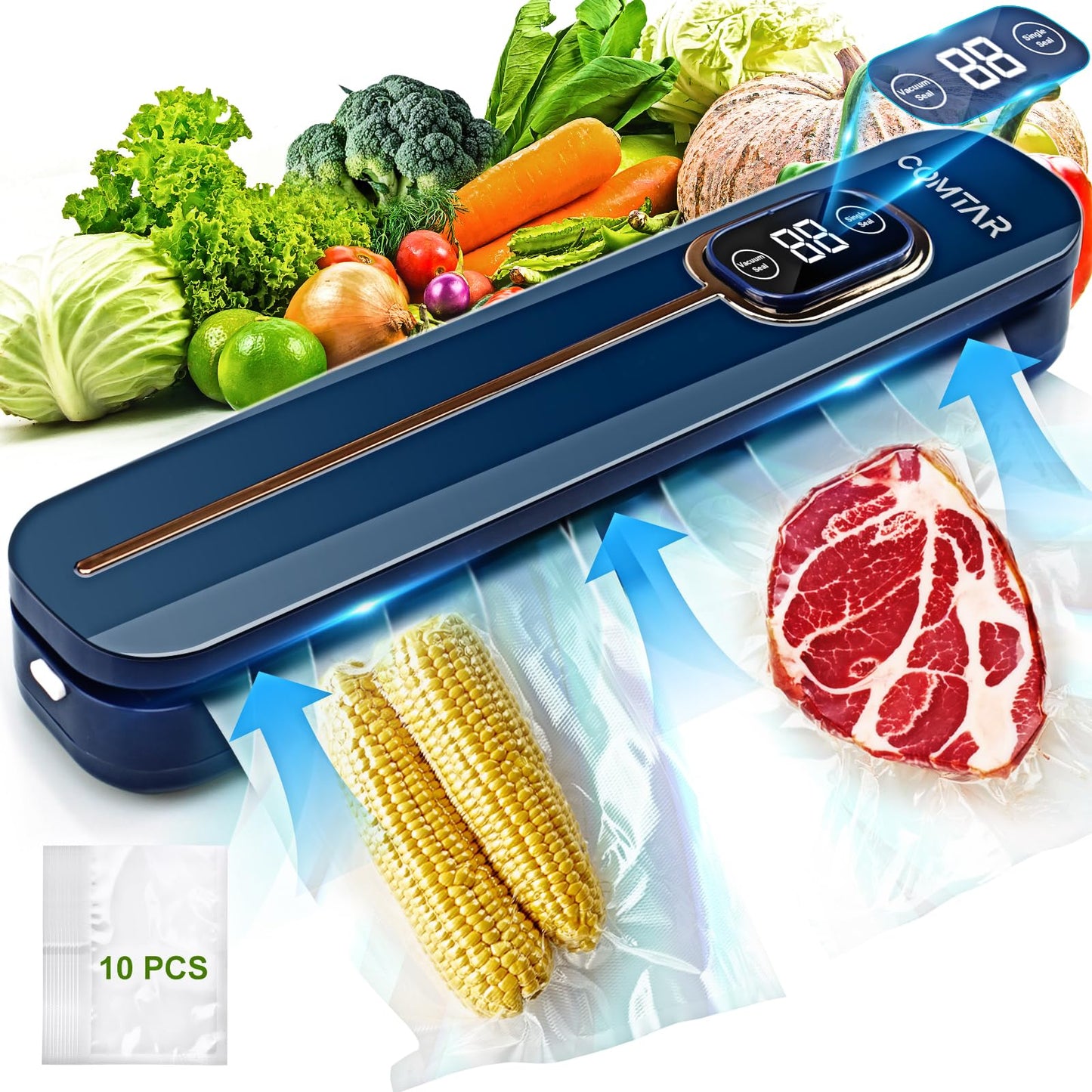 Vacuum Sealer Machine – Powerful Food Vacuum Sealer with 4 Modes (Dry/Moist/Fluffy/Powder), One-Touch Digital Display, Automatic Air Sealing for Food Storage, Sous Vide & Meal Prep, Includes 10 Bags