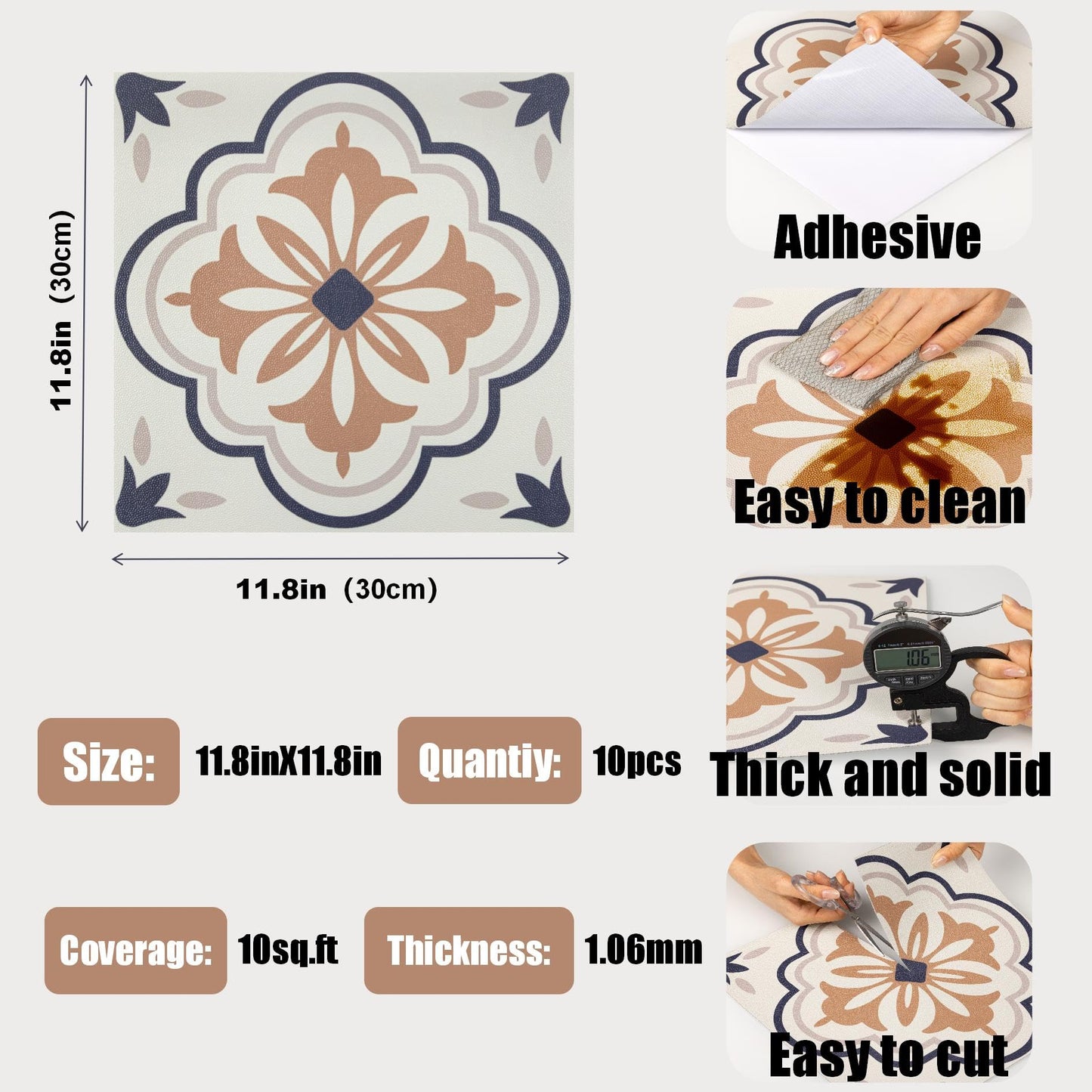 Alow Peel and Stick Floor Tile, Waterproof Peel and Stick Flooring, Self Adhesive Vinyl Flooring Easy to Install for Bathroom, Kitchen(11.8in X 11.8in, 10PCS)