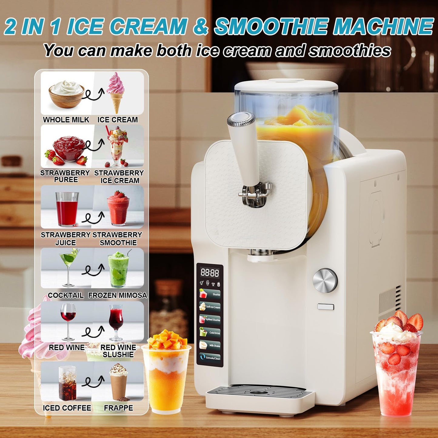Ice Cream Maker, Soft Ice Cream Machine Makers & Slushy Machine for Home, for Smoothies, Milkshakes, Cocktails, and Various Flavors of Ice Cream, Frozen Yogurt or Gelato, with Adjustable Thickness