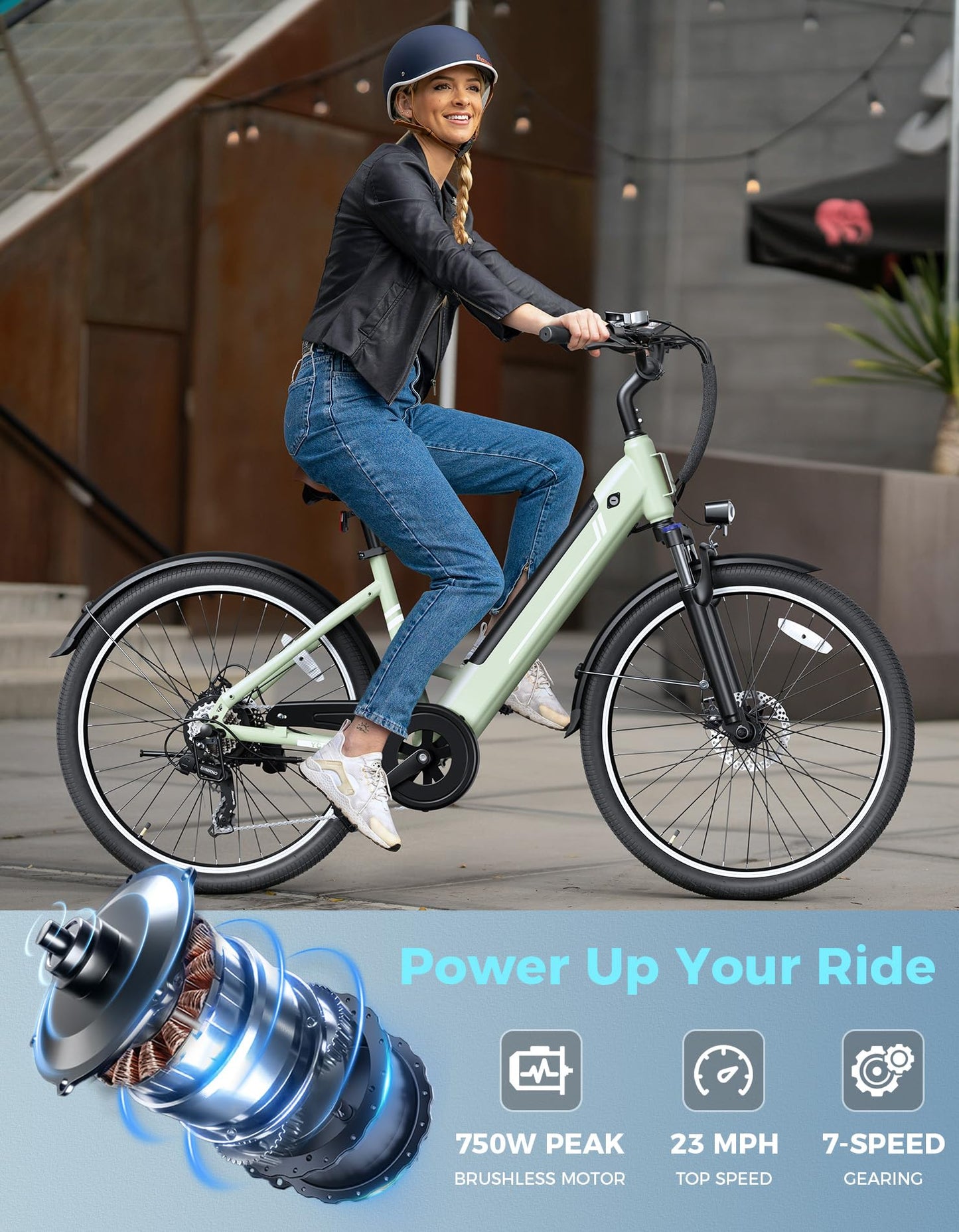 Jasion YC1 ST 26" Electric Bike, 750W Peak Motor, Step-Through Ebike for Adults, 360WH Removable Battery, Up to 40miles, Max 23MPH Urban Commuter E-Bike, 7 Speeds & Front Suspension
