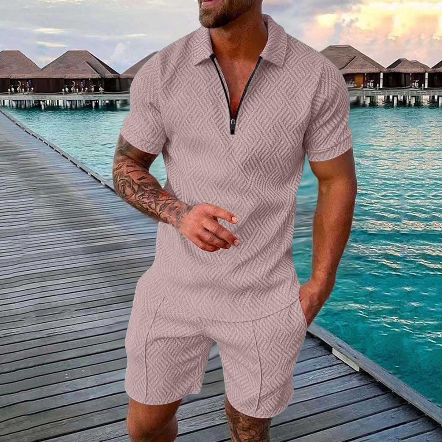 Generic Mens Summer Pjs Sets Casual Matching 2 Piece Outfit Short Sleeve Polo Tee Shirts and Short Lounge Set Fashion Tracksuits, X-Large, #B04-rose Gold