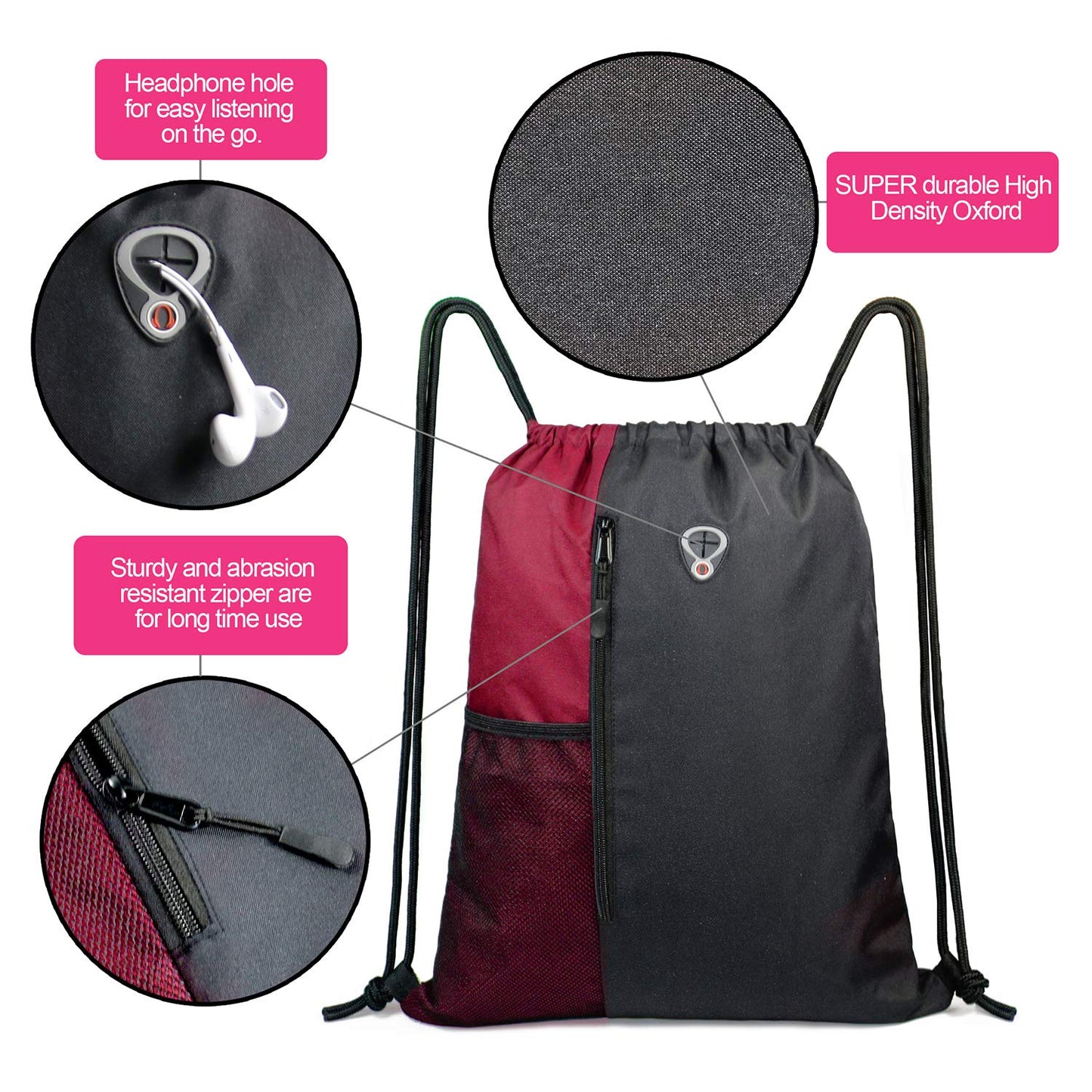 BeeGreen Maroon Drawstring Backpack Sports Gym Bag for Women Men Large String Backpack With Zipper and Water Bottle Mesh Pockets Cinch Sack Workout Bag, 16" x 20"