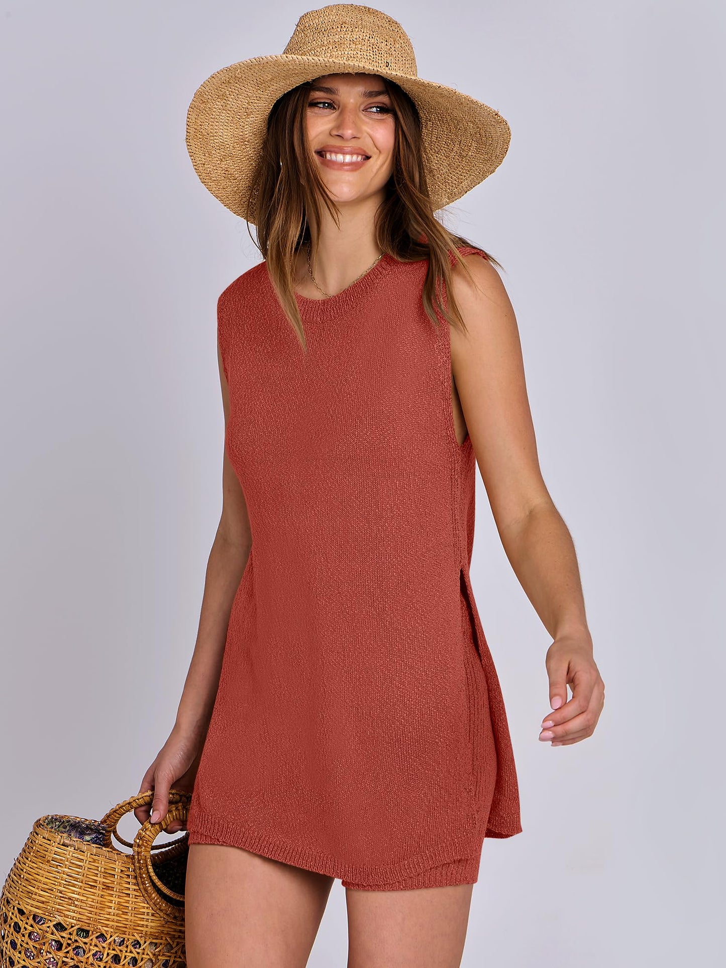 ANRABESS Women Summer 2 Piece Outfits Sleeveless Knit Sweater Top & Shorts Soft Lounge Sets Travel Beach 2024 Clothes Rust Large
