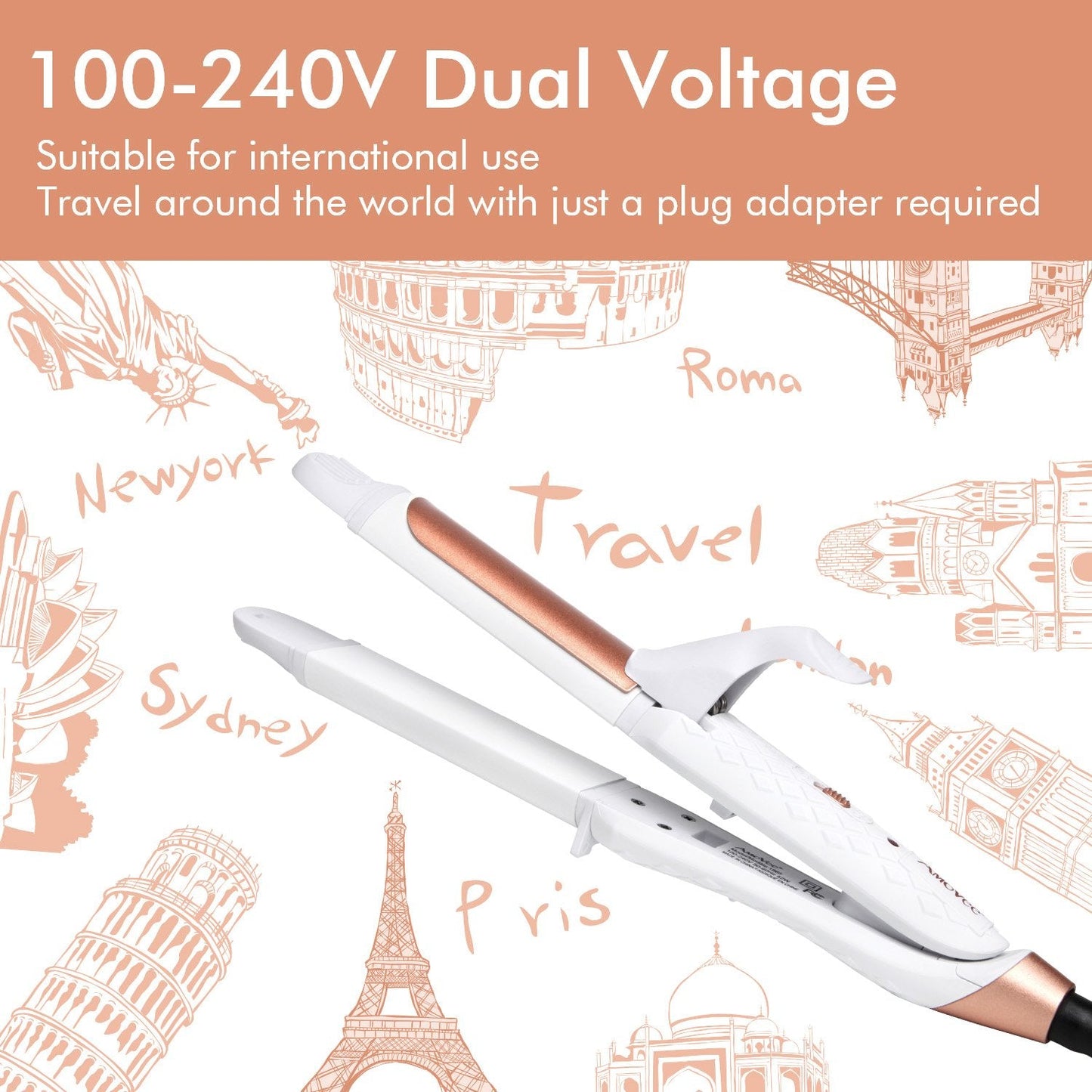 AmoVee Travel Curling Iron, Hair Straightener and Curler in One, Flat Iron Curling Iron in One, Dual Voltage Europe Travel Essentials for Women(White)