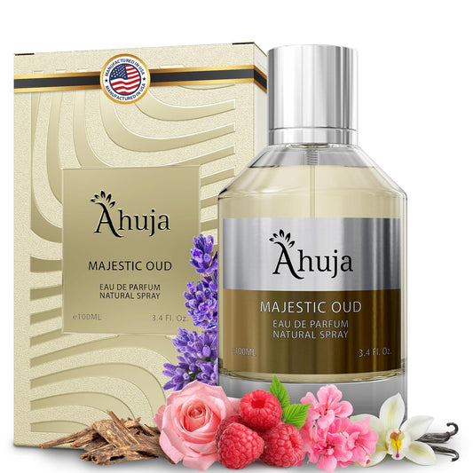 AHUJA Majestic Oud Eau De Parfum For Men & Women 3.4 fl oz, Long Lasting Luxury Fragrance for Him and Her, Unisex Perfume Enduring Nature Scents - Oud, Vanilla, Raspberry, Rose, Peony, Wood, Patchouli