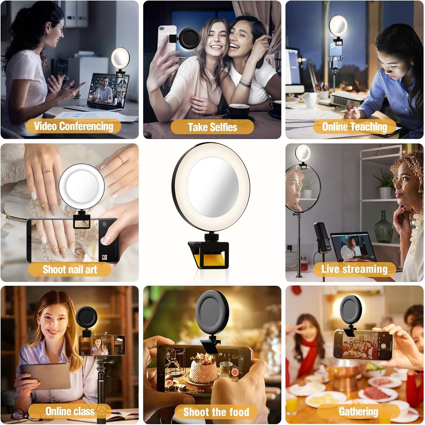 Andalusite 60 LED Video Conference Ring Light – Rechargeable Clip Design, 3 Adjustable Light Modes - Universal for Phones/Laptops, 3000K-5000K Color Range, 2H Battery, Streaming/Makeup/Office Use