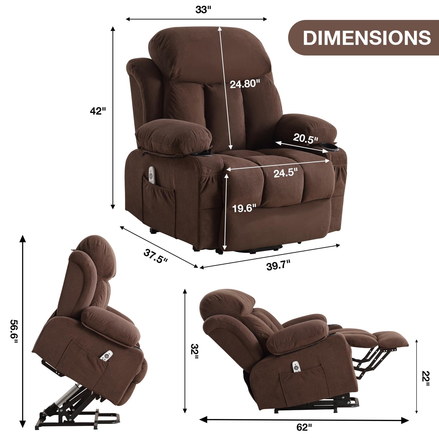 BOSMILLER Power Lift Recliner Chair with Heat and Massage Electric Fabric Recliner Chair for Elderly with Side Pocket, USB Charge Port, Remote Control for Living Room (Deep Brown)
