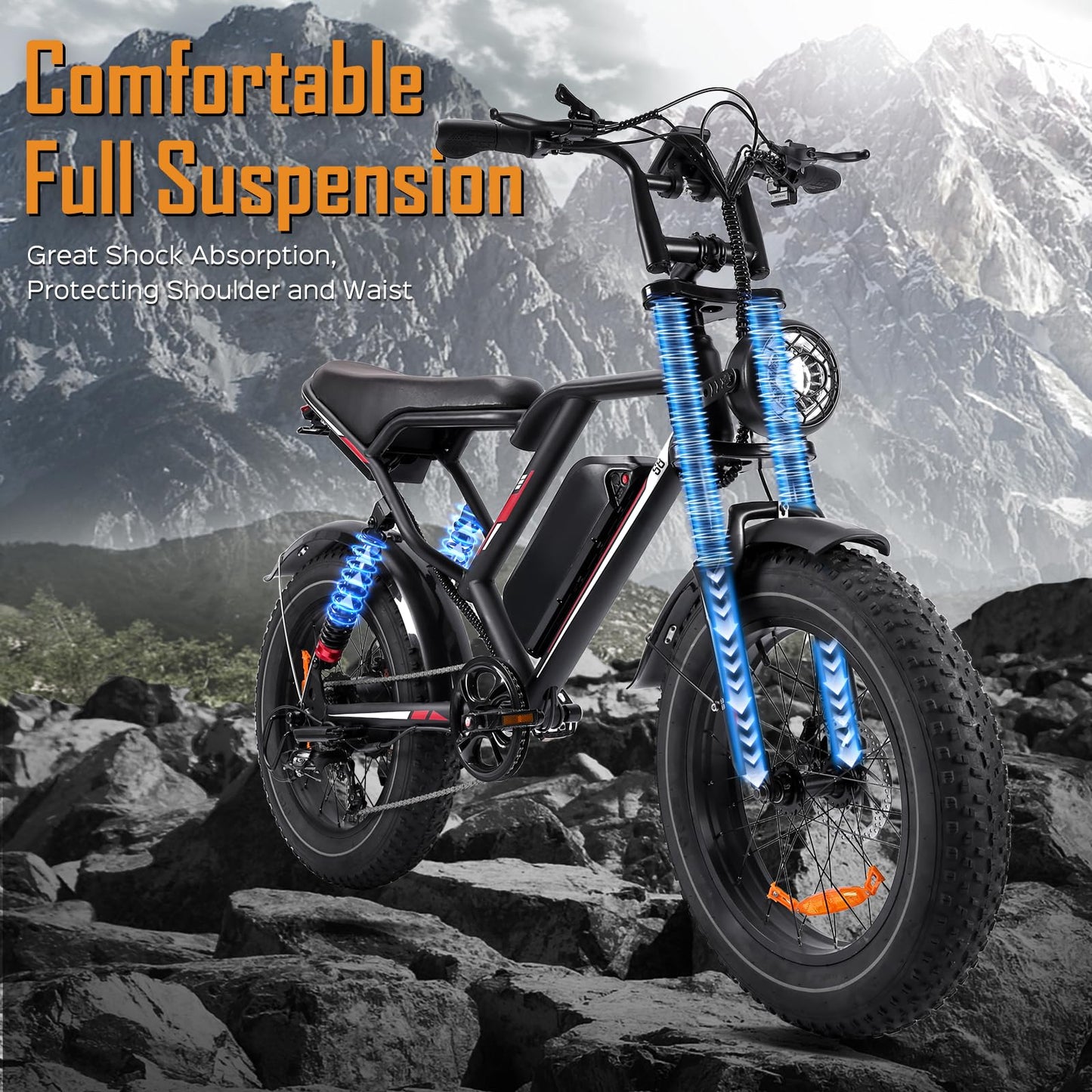 EGGKING S8 Electric Bike for Adult, 1000W 20" Fat Tire 48V 17.5AH Removable Battery, Max 31-70 Miles Electric Motorcycle, 31MPH Shimano 7 Speed Disc Brake Off-Road Mountain Ebike UL2849, Black
