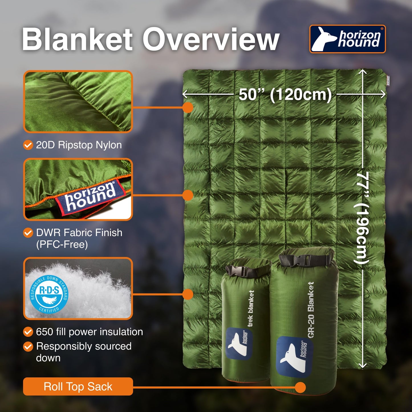 Horizon Hound Trek Down Camping Blanket - Outdoor Travel Quilt, Green | Insulated, Lightweight & Warm Gear for Sleep, Camping, Stadium, Hiking & Festivals | Water Resistant, Packable & Compact