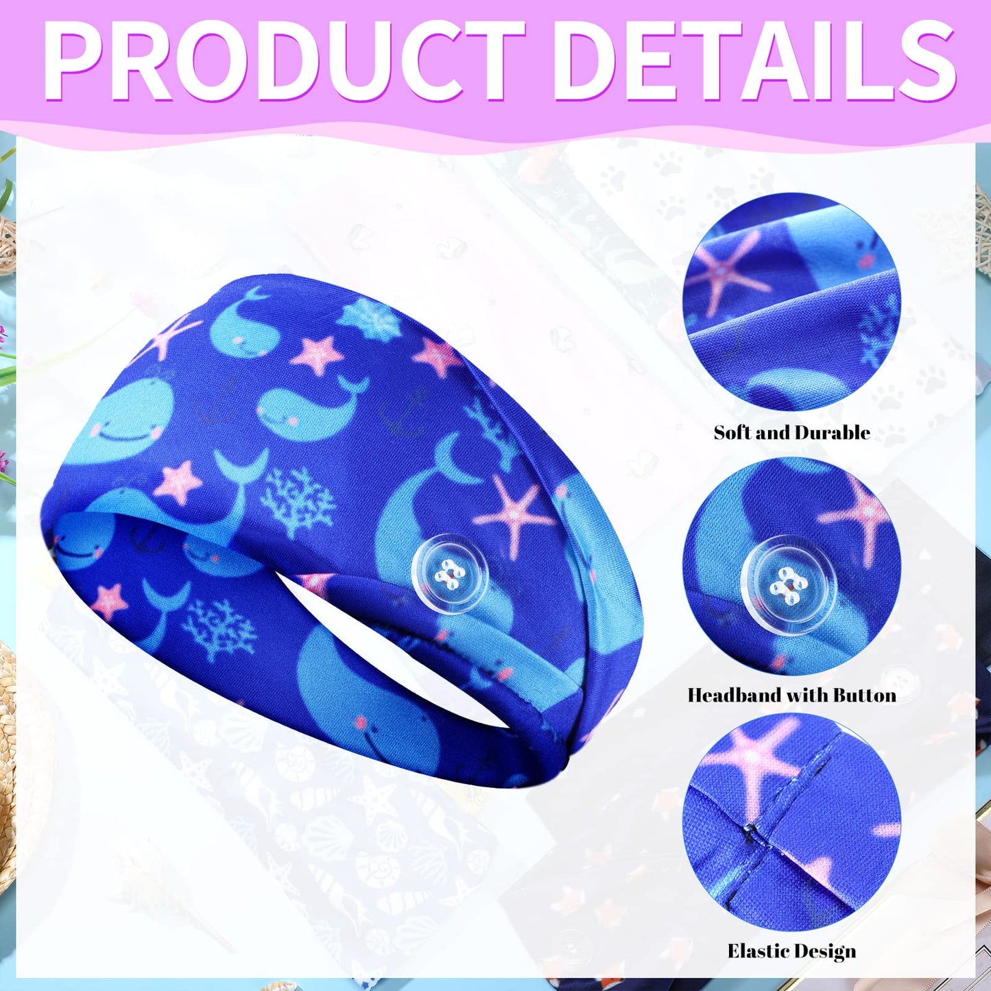 8 Pieces Nursing Headbands with Buttons for Nurses Doctors Women Face Covering Ear Protection Holder Non Slip Elastic Hair Bands Wide Head Wraps for Spa Yoga Sports Workout (Classic Patterns)