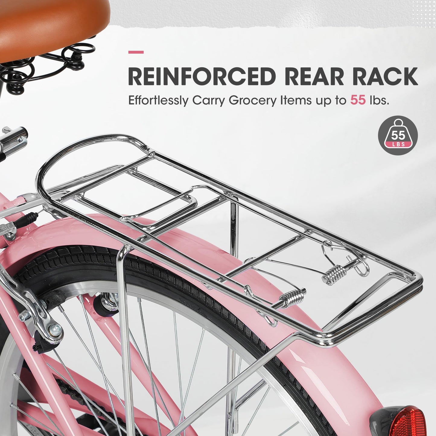 Outroad Beach Cruiser Bike, 24 inch Commuter Bicycle for Adult Men and Women,High-Carbon Steel Comfortable City Bikes with Rear Rack or Basket,Pink