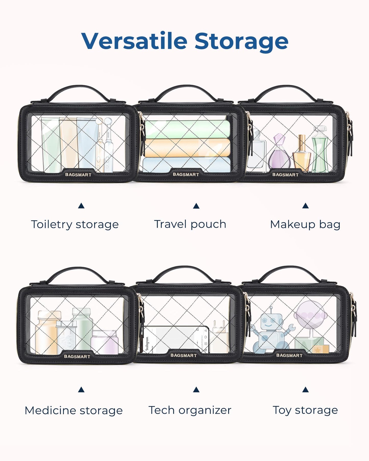BAGSMART Clear Makeup Bag Set, TSA Approved Toiletry Bag, Clear Travel Bags for toiletries, Cosmetic Bags with Zipper, Makeup Organizer Bags Fit Carry-on Travel Essentials, Black