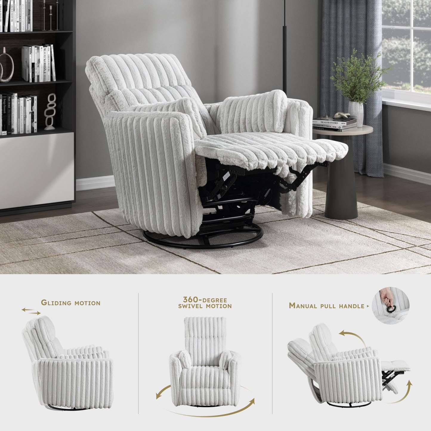 Lexicon Modern Swivel Glider Recliner Chair, Nursery Glider, Corduroy Fabric Upholstery Recliner with High Back, Manual Recliner Sofa Chair for Living Room/Office/Apartment, Gray