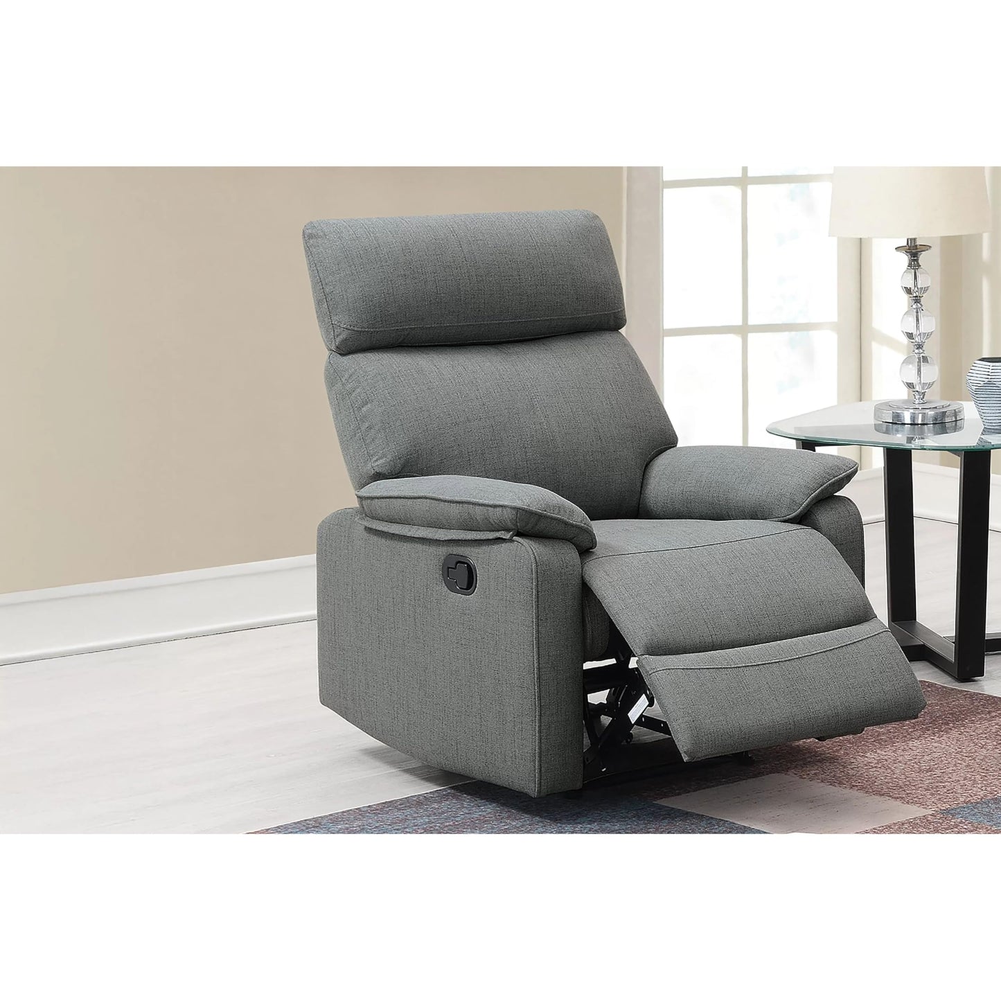 Benjara Fery 35 Inch Manual Recliner Chair and Gray Burlap and Cushioned Seat and Solid Wood