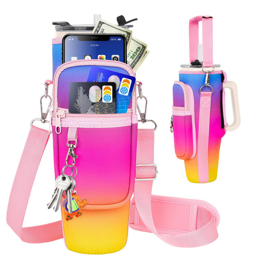 Water Bottle Carrier Bag with Phone Pocket Compatible with Stanley/Meoky 40 oz Tumbler with Handle,Neoprene Water Bottle Holder Pouch with Adjustable Strap Compatible with Stanley Cup Accessories