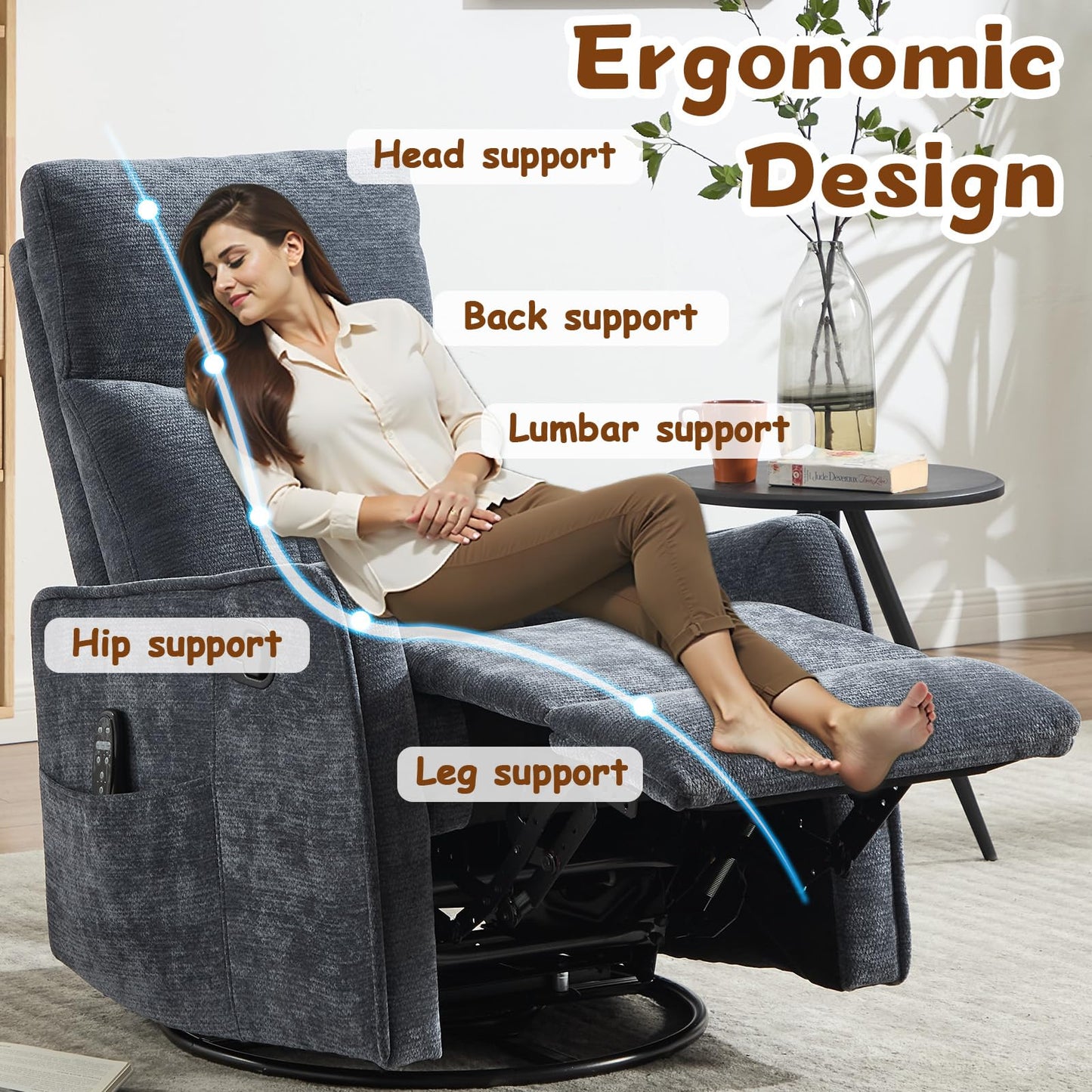 Massage Recliner Chair with Heat, Slim Recliners for for Adults, Swivel Rocking Chair Recliner with High Back, Small Recliner Chair for Small Spaces Living Room, Adjustable Footrest (Blue 2)