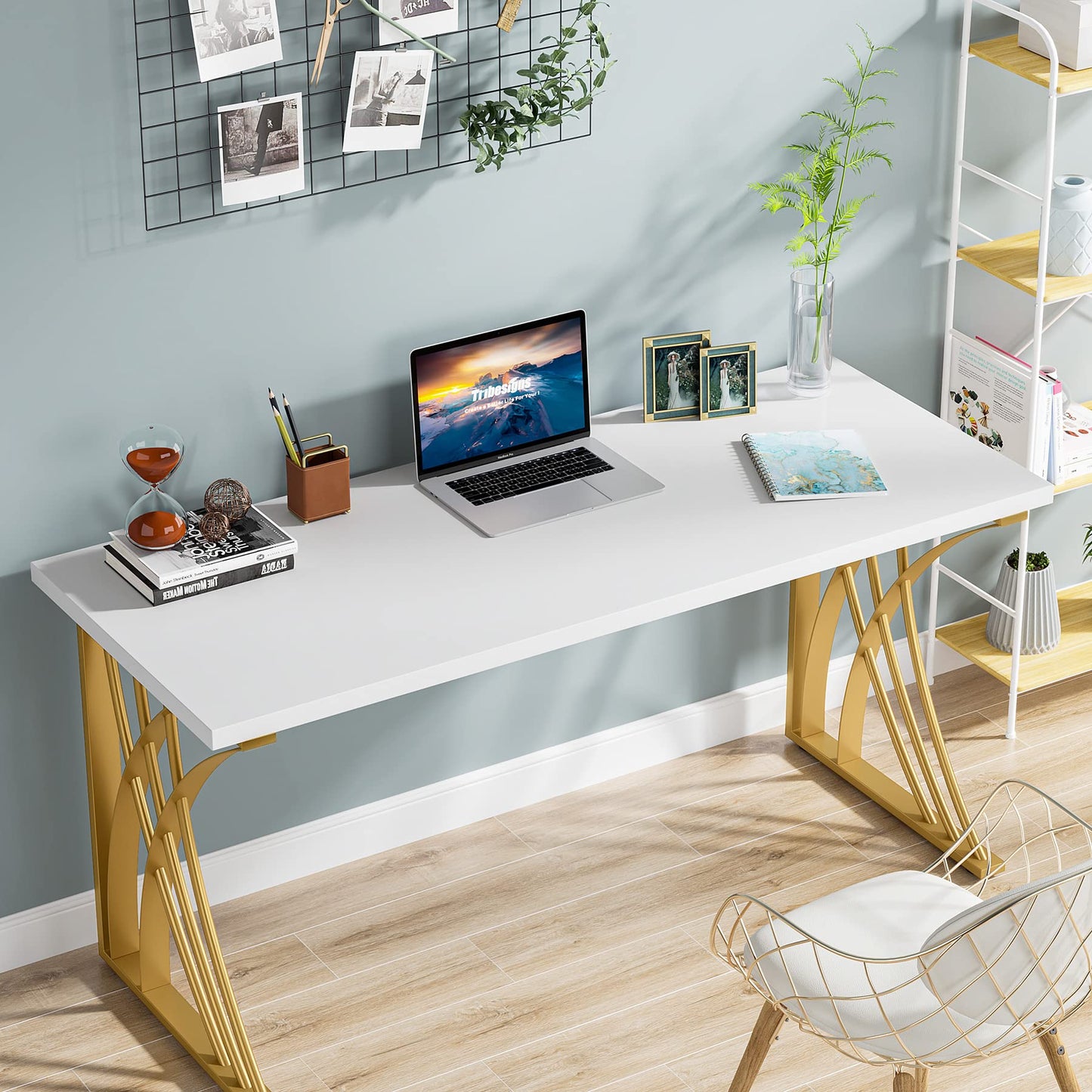 Tribesigns 55’’ Large Modern Computer Desk, White & Gold Luxury Laptop PC Student Table, Makeup Vanity Table with Thick Frame & Strong Legs, Sturdy Writing Workstation for Home & Office