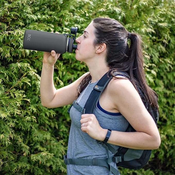 BOZ Stainless Steel Water Bottle - Vaccum Insulated Water Bottle 32 Oz - Wide Mouth BPA Free Sport Water Bottle for Gym with Spout Lid - Thermal Hot & Cold 1 Litre Gray Water Bottle