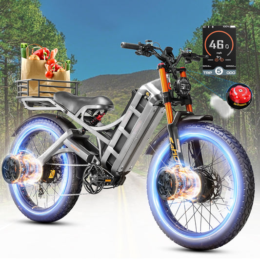 eAhora 2025 Romeo Pro 2 Electric Bike for Adults 4000W Dual Motor Electric Bicycle 46MPH 52V 70Ah 200+Miles Long Range 26 * 4.0 Fat Tire Full Suspension Electric Mountain Bike with Rack+Basket Gray